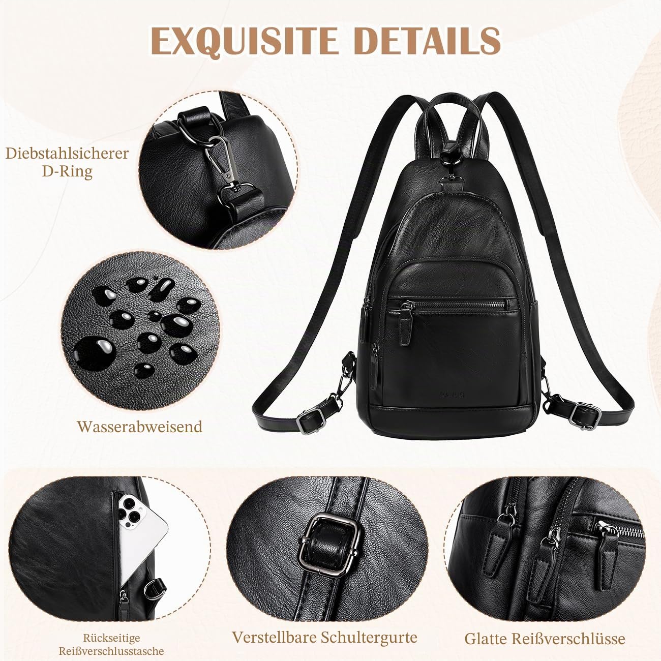 RAVUO Sling Bag Damen, PU Leder Brusttasche Rucksack Klein Frauen Brust Rucksack Kleine Umhängetasche Crossbody Bag für Outdoorsport, Reisen,Schwarz