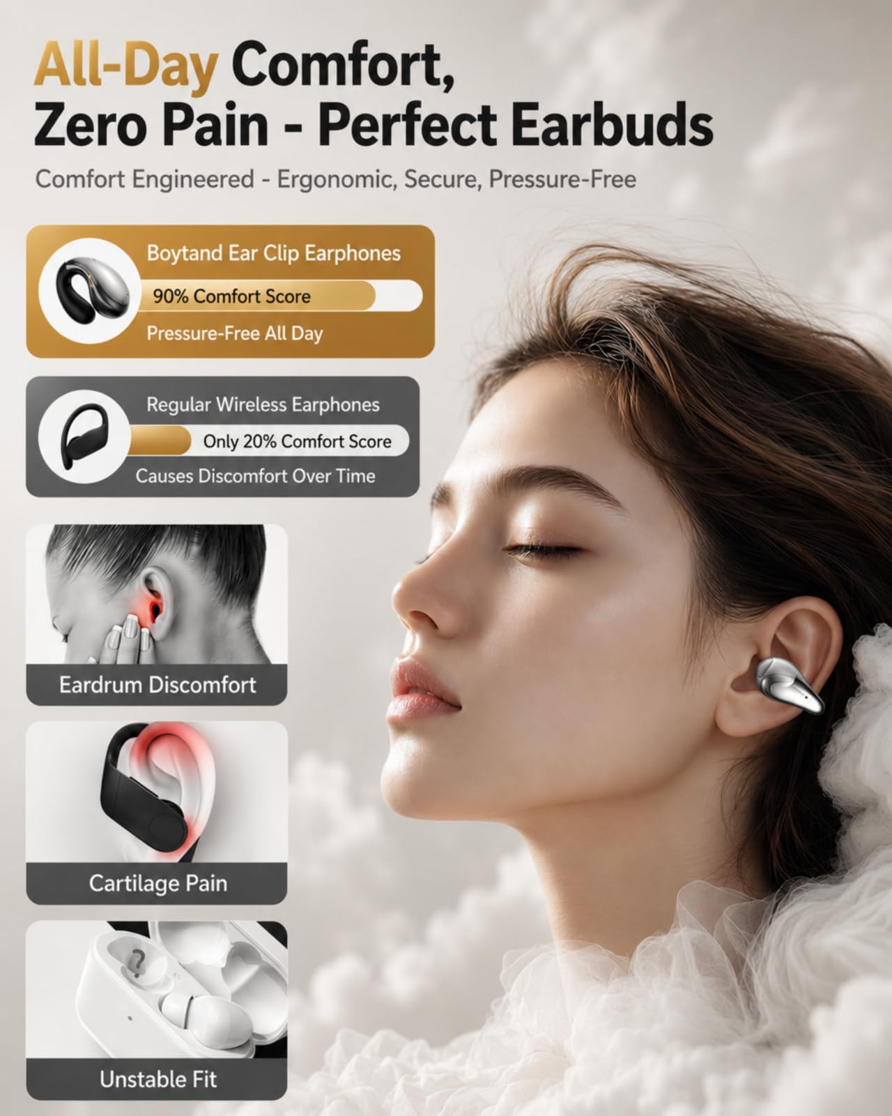 Boytond Auricolari ultra aperti, ergonomici a clip, cuffie over-the-ear a conduzione ossea piccola con design impermeabile, perfette per la corsa per sport e fitness, nero lucido