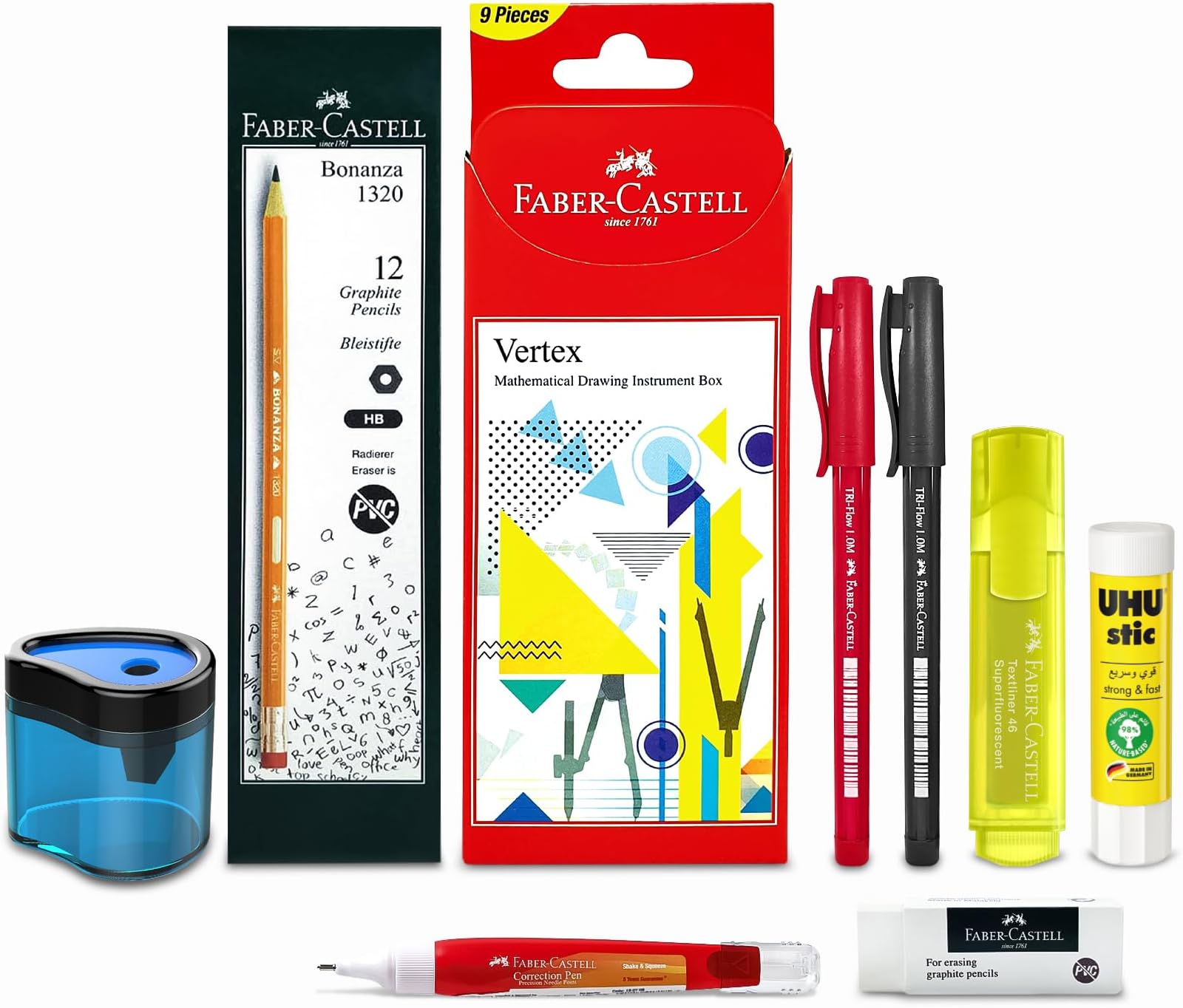 FABER-CASTELL SCHOOL STATIONERY KIT-FCZPB2, Geometry Box + Graphite Pencil HB 12Pc + Highlighter-1Pc + Eraser-1Pc + Correction Pen 8Ml-1Pc + Glue Stick 8.2Gm-1Pc + Ball Pen-2Pc + Sharpener-1Pc.