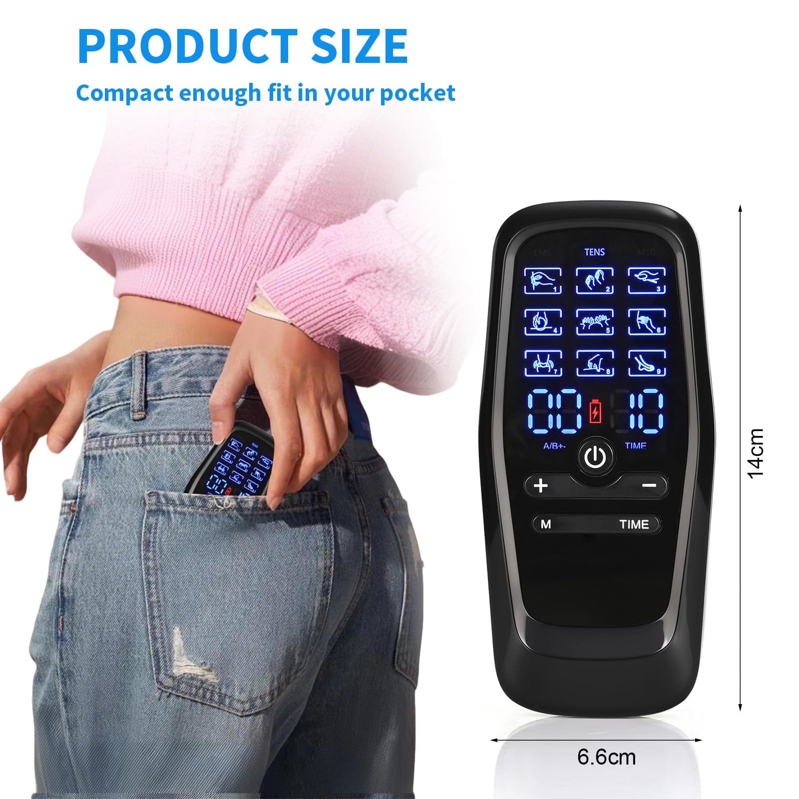 Electrostimulateur Musculaire, TENS/EMS/Massage Electrostimulateur, 2 Canaux avec 9 Modes de Massage et 30 Vitesses Réglables,Muscle Stimulator avec 12 Patchs, Appareil Portable Thérapie Anti-Douleur