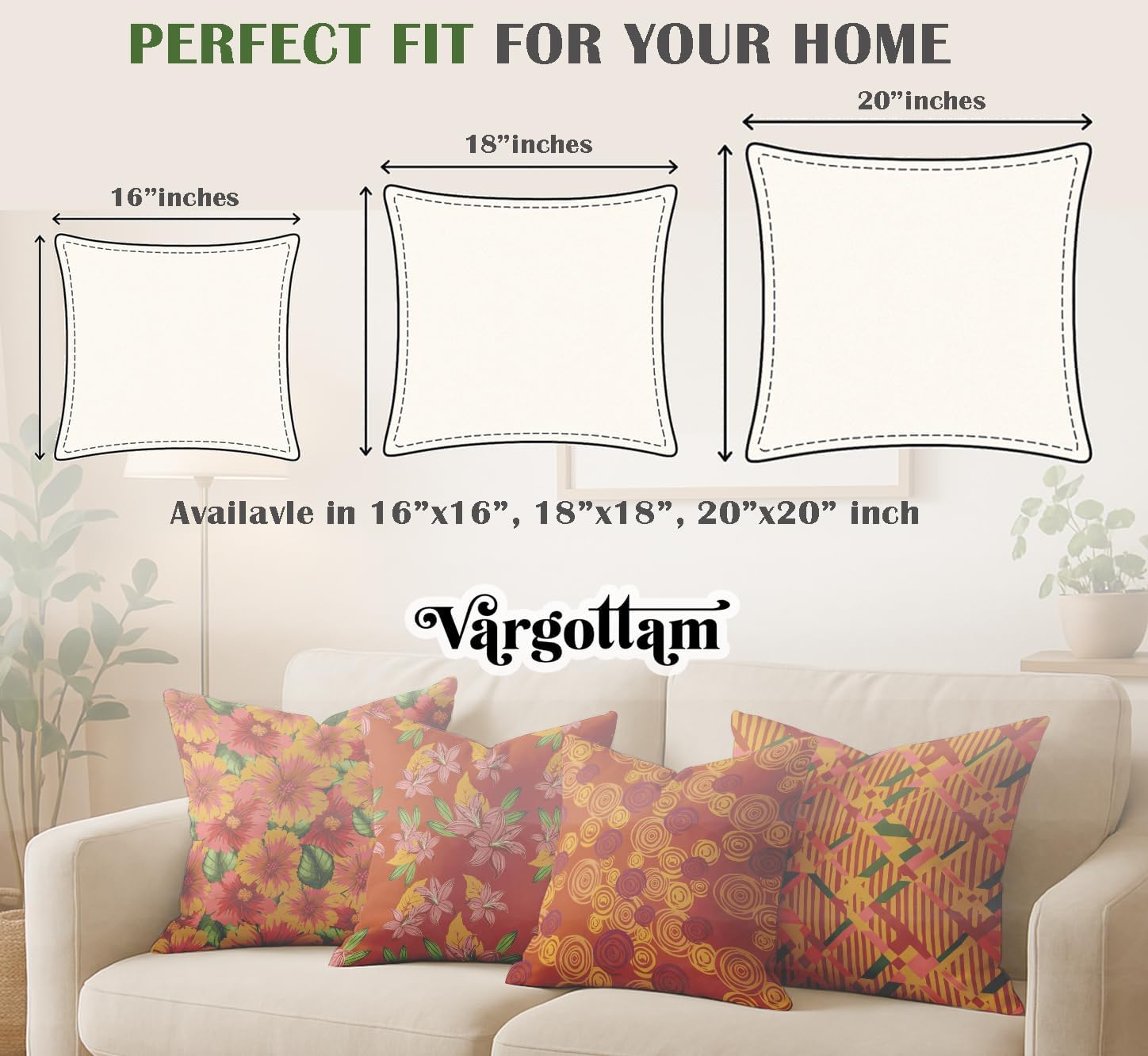 Set of 4 16x16 Inch Pillow Covers - 100% Cotton, Decorative Floral Print, Double-Sided Print with Concealed Zipper - Filler Not Included - Orange