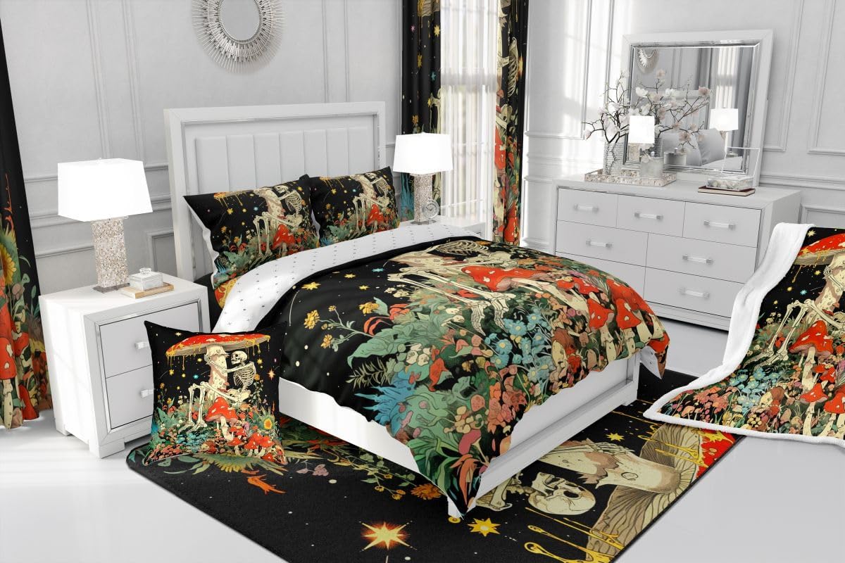 Manfei Happy Halloween Bedspread Twin Size,Mushroom Daisy Flowers Bedding for Kids Teens Bedroom Decor,Human Skeleton Print Coverlet Set,Red Quilt Set for All Season,2 Pcs with 1 Pillowcase