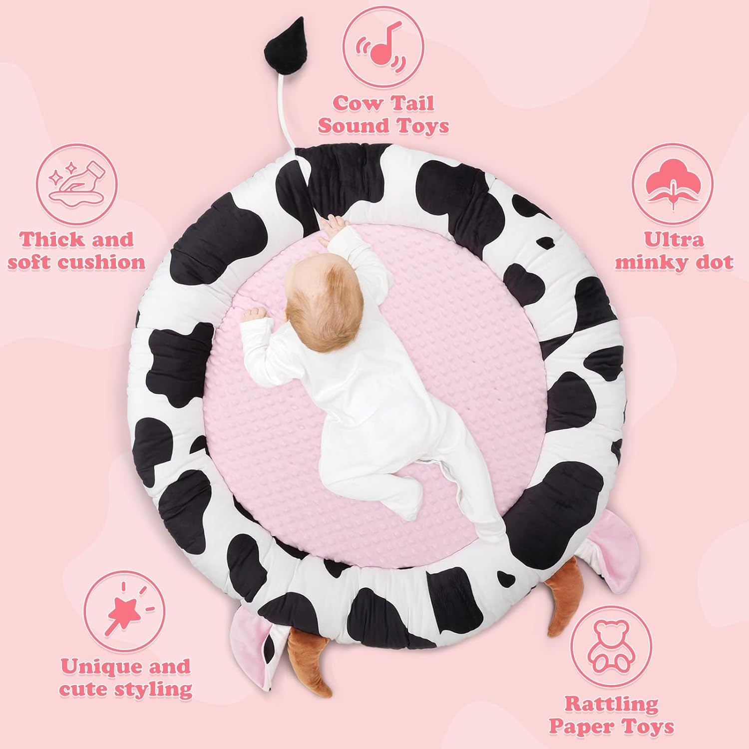 Pink Cow Baby Play Gym & Tummy Time Mat with 6 Sensory Toys - Extra Large Thick Soft Floor Play Mat for Newborn Infants 0-12 Months - Nursery Essential Gift
