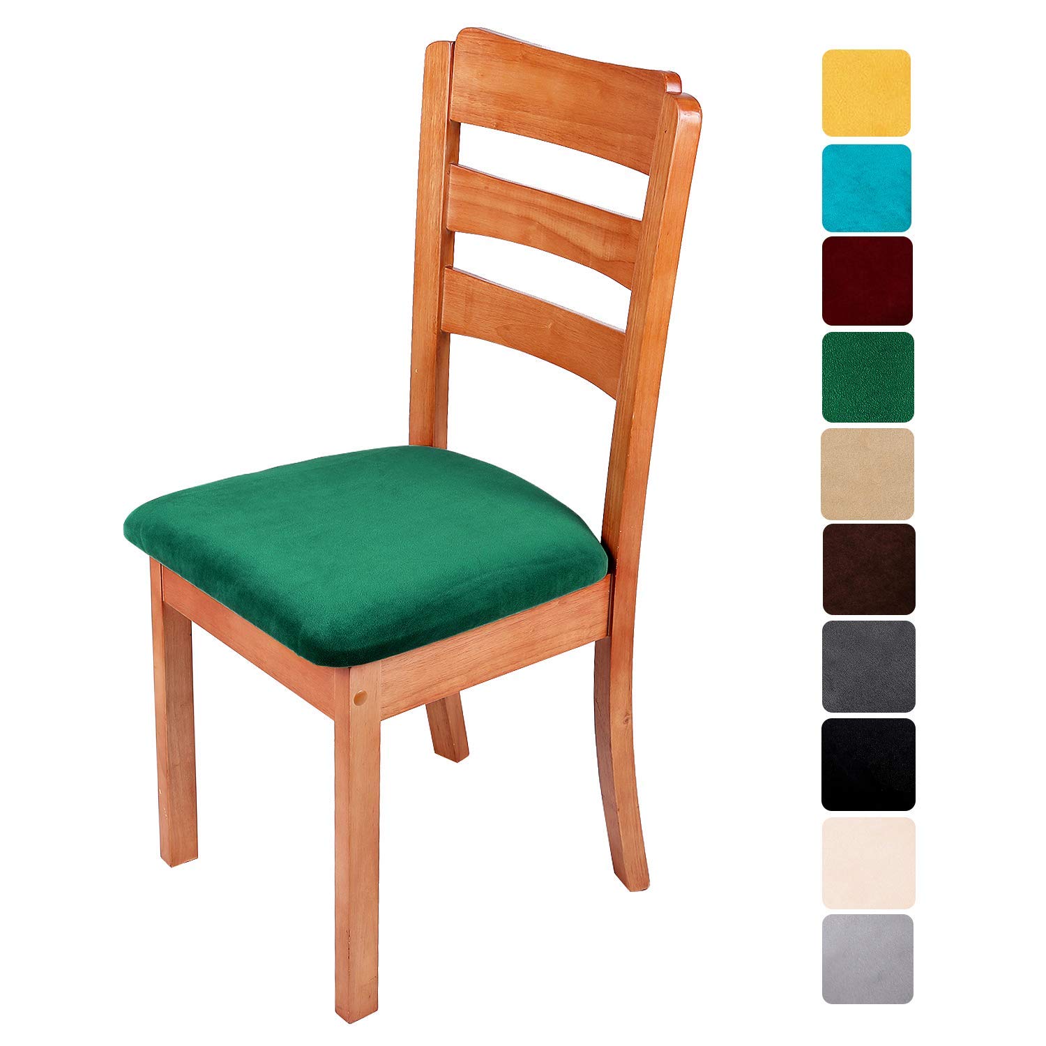 smiry Stretch Chair Seat Covers for Dining Room, Velvet Upholstered Dining Chair Seat Cushion Protectors Removable Washable Chair Slipcovers with Ties, Set of 4, Green