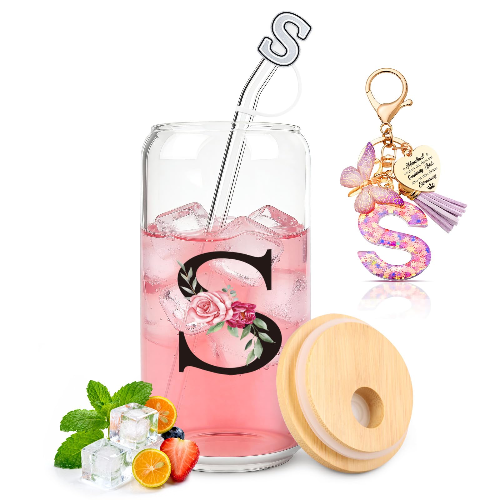 TUZELIYA S Personalisierte Geschenke mit Buchstaben – Glasbecher mit Deckel & Strohhalm + Schlüsselanhänger Buchstabe, Geschenk für Frauen & Mädchen, Geburtstag, Valentinstag & Weihnachten