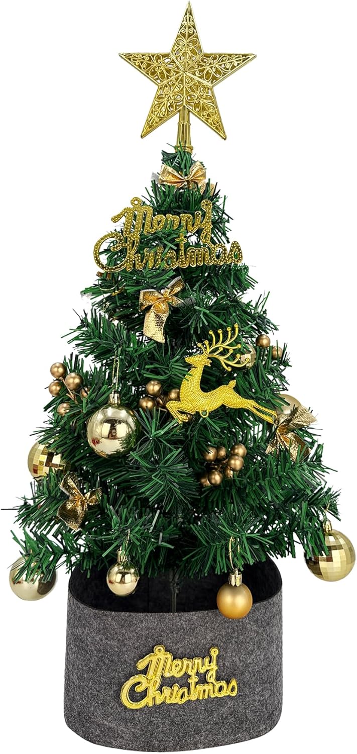 Tree Company Pre-lit Artificial Mini Christmas Tree - Gold Star Small White LED Lights, White Tipped Cones, Glitter Branches Pine Cones and Cloth Bag Base - Glittery Bristle Pine - 24 inch