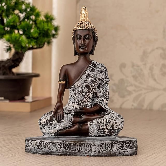 TIED RIBBONS Lord Buddha Statue Figure Home Decorative Items for Indoor Shelf Living Room Bedroom Table Top Decoration and Gifting (Glossy Finish Bhumisparsa Mudra, 16 X 12 cm, L X H)