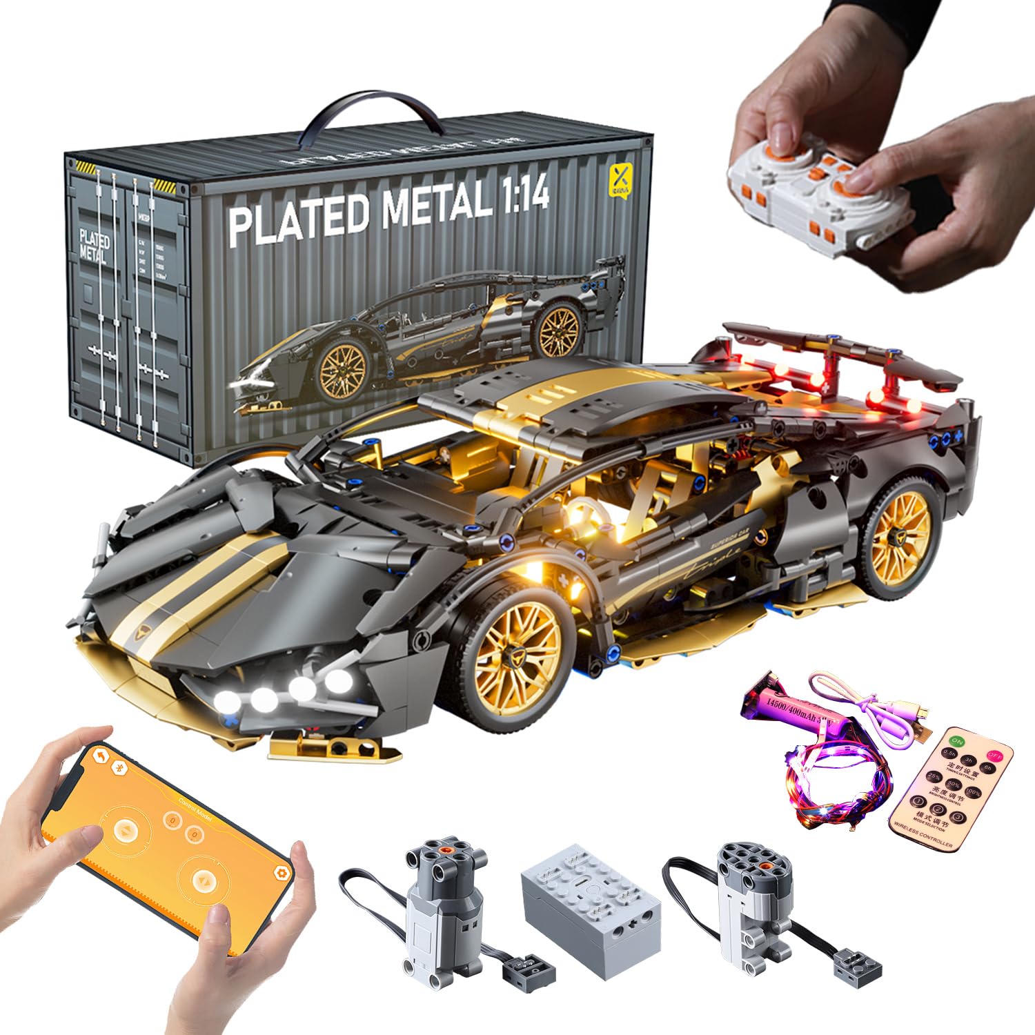Chodia Sport Race Car Building Block Sets for Adults Boys,1:14 Technical Remote Control APP Supercar Toys Kits with LED Lights Collectible MOC Contruction for Teens Age 8-12 12-16,14+