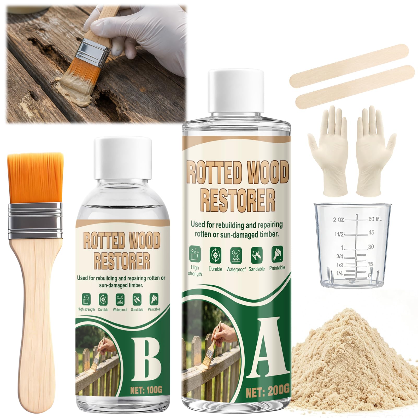 Epoxy Wood Filler, 2 Part Epoxy Resin Wood Filler, Premium High-Strength Wood Repair Filler, Suitable for indoor and outdoor use, Easily Repairs and Reinforces Damaged Wood