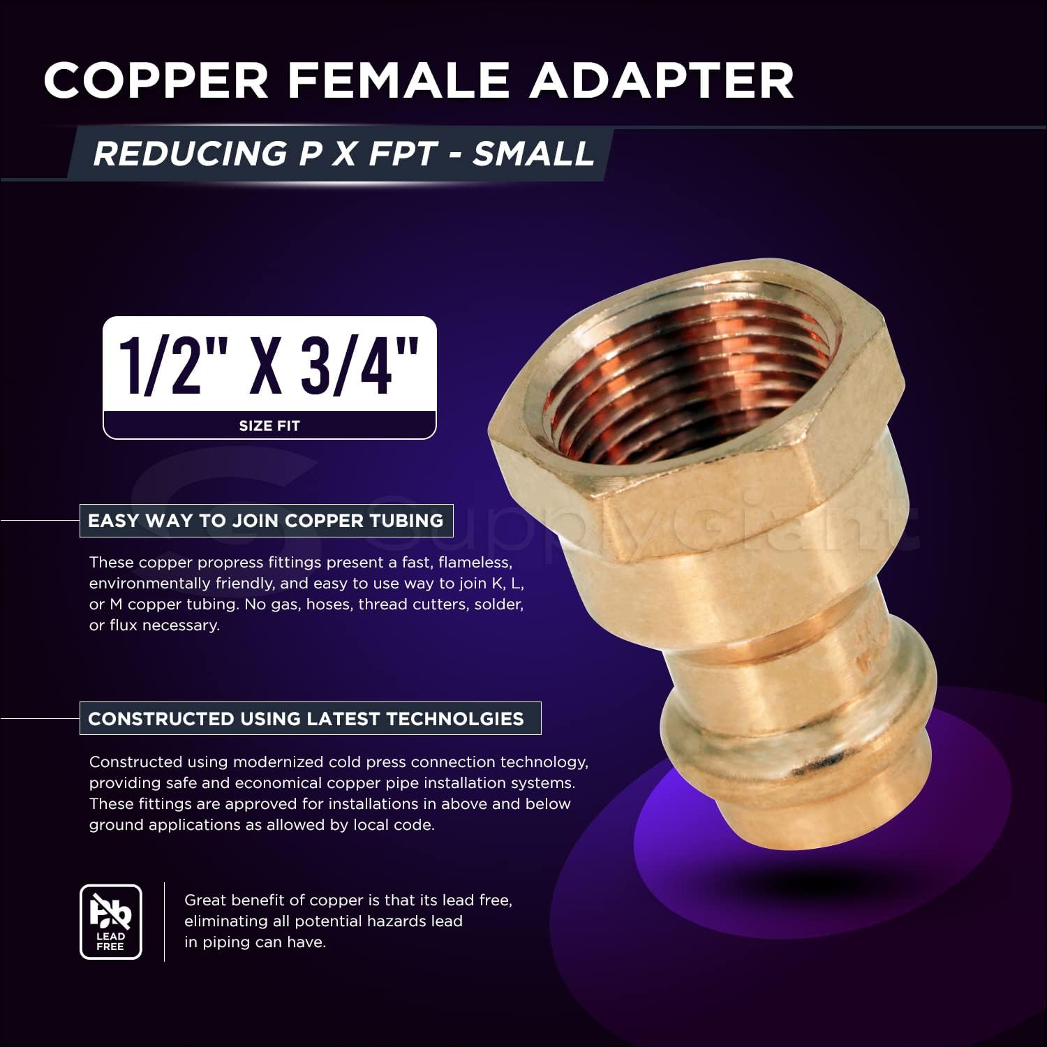 Supply Giant QDGB2456 Copper Female Reducing Adapter, 1/2 in. Press x 3/4 in. FPT- Small