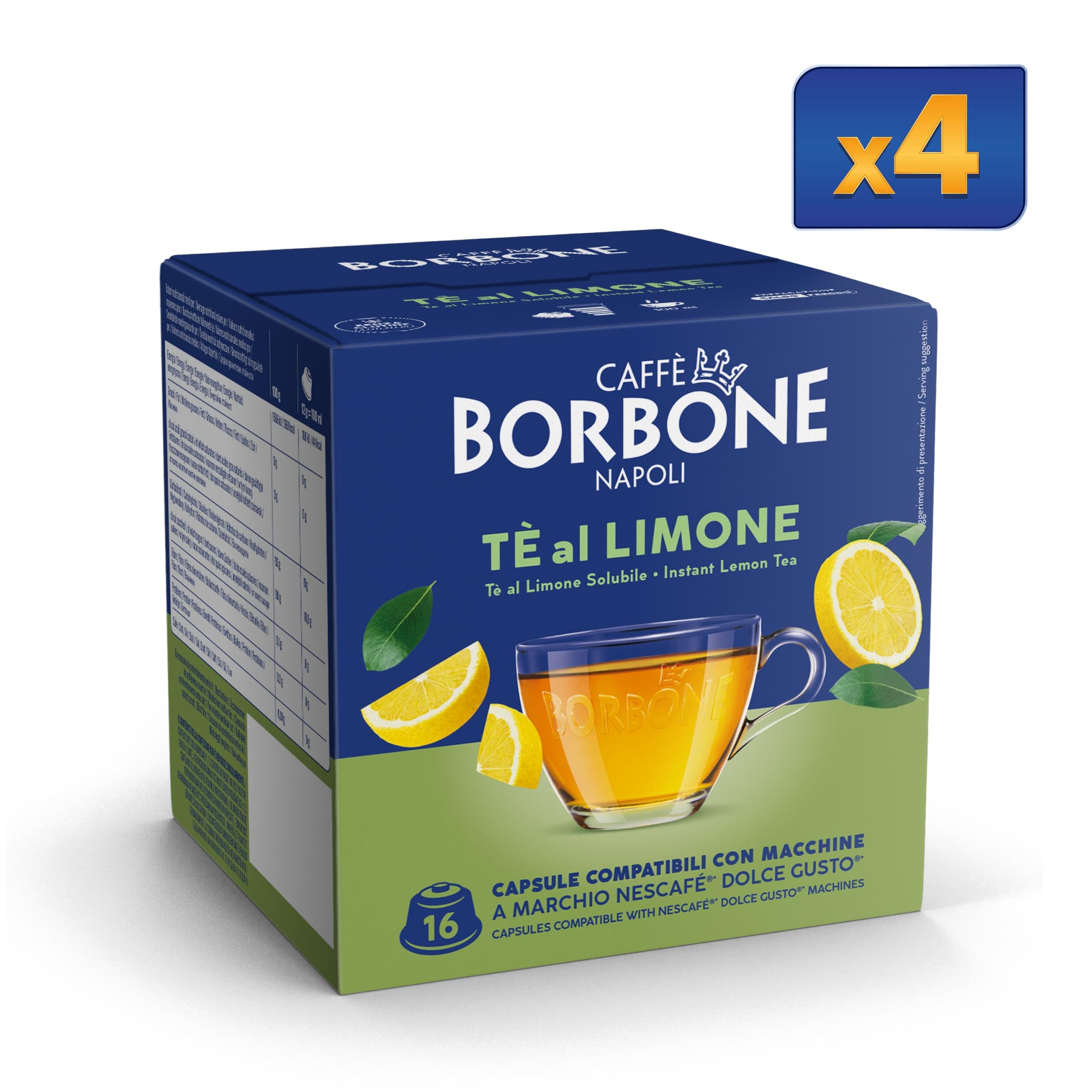 CAFFÈ BORBONE 128 cápsulas para máquinas Dolce Gusto® - Kit surtido: 64 cápsulas de bebida con sabor a chocolate (4 paquetes de 16) + 64 cápsulas de té con limón (4 paquetes de 16)