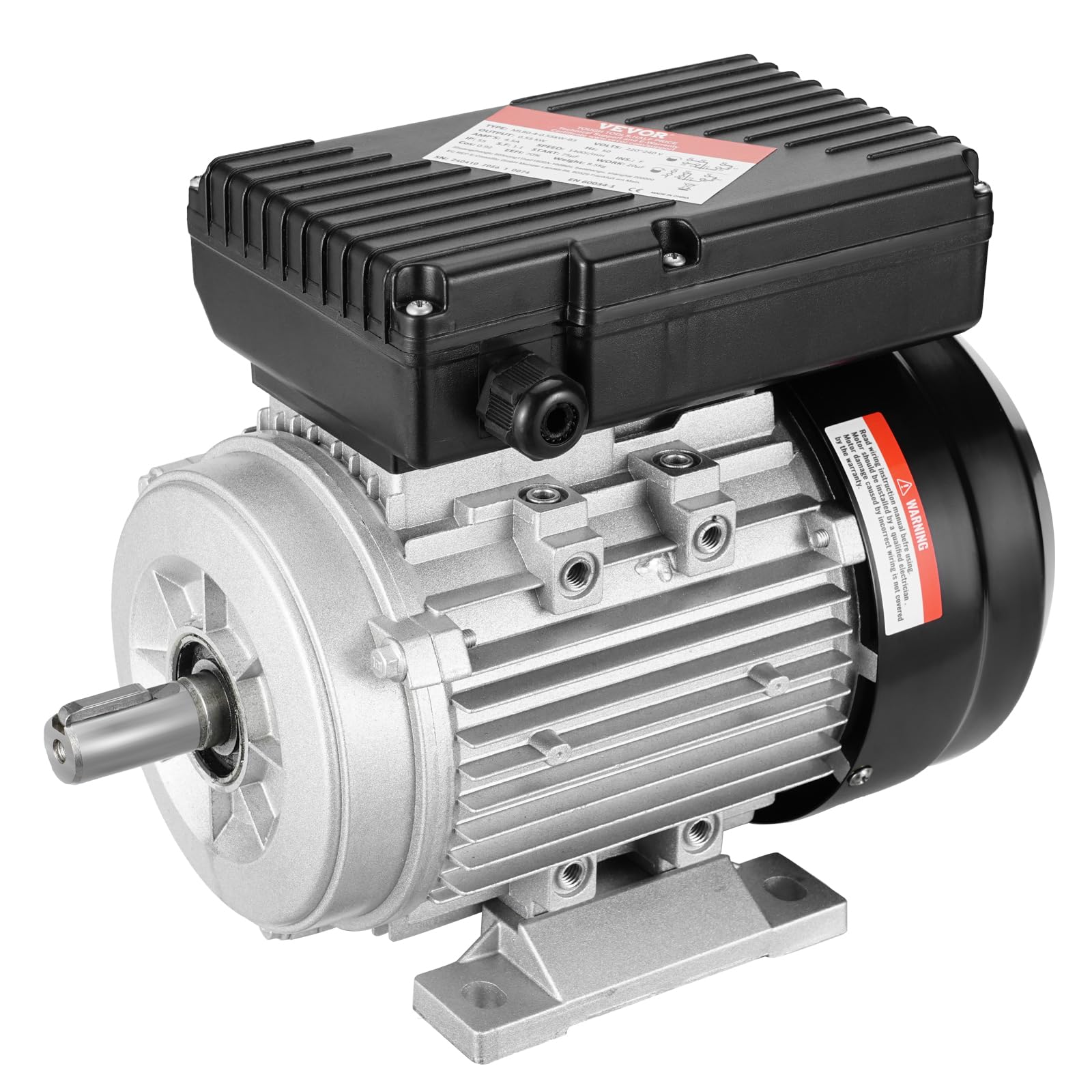 VEVOR Moteur électrique 0,​55 kW moteur de compresseur d'air monophasé, 1400 tr/​min, CA 220-​240 V, 4,​5 A, cadre 80, B3, arbre à clavette 19 mm, rotation CW/​CCW pour machines agricoles et équipements