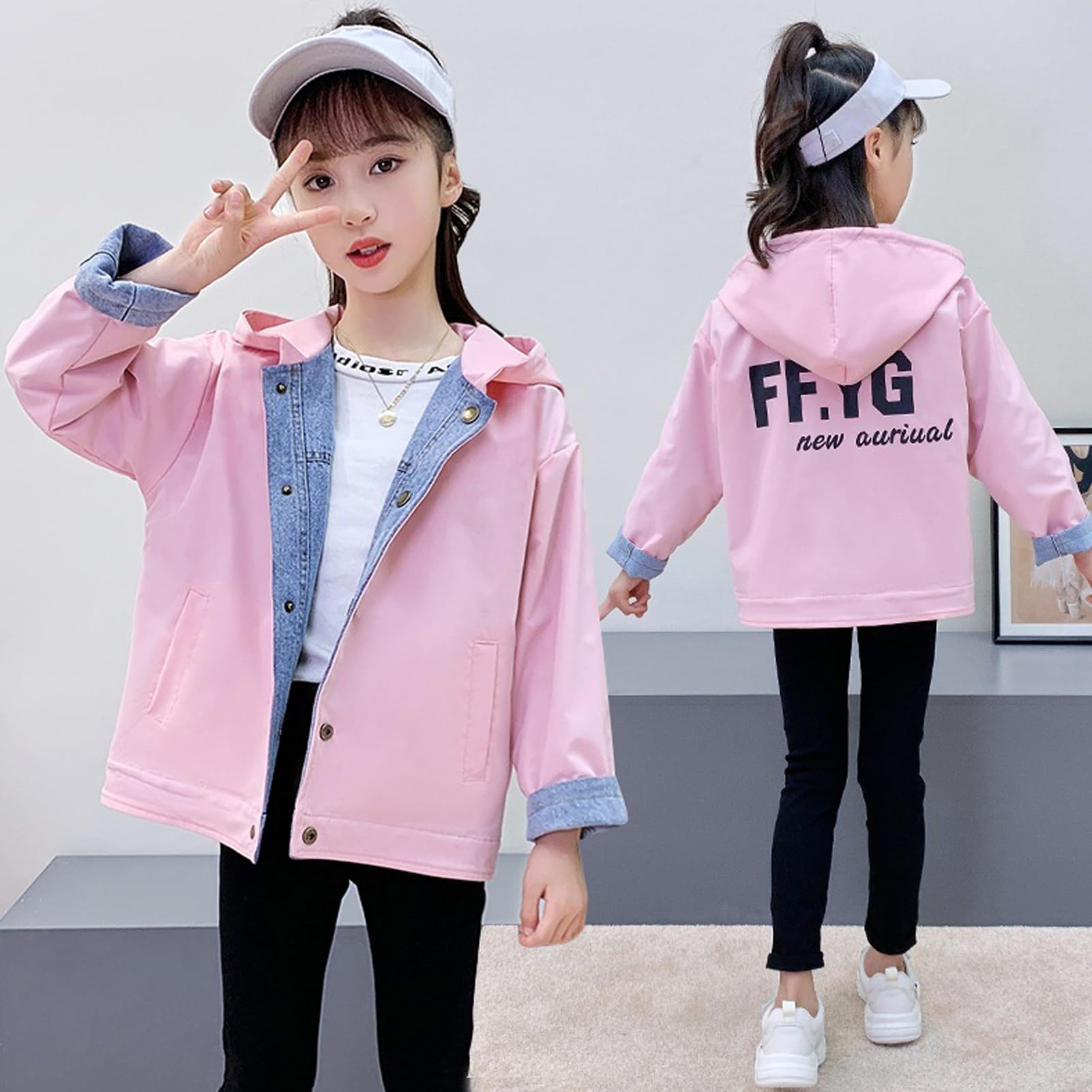 Chaqueta Vaquera Niña con Capucha Abrigo de Diseño Reversible para Primavera Otoño