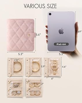 VLANDO Small Travel Jewelry Organizer with Velvet Clear Pouches,Sand Pink