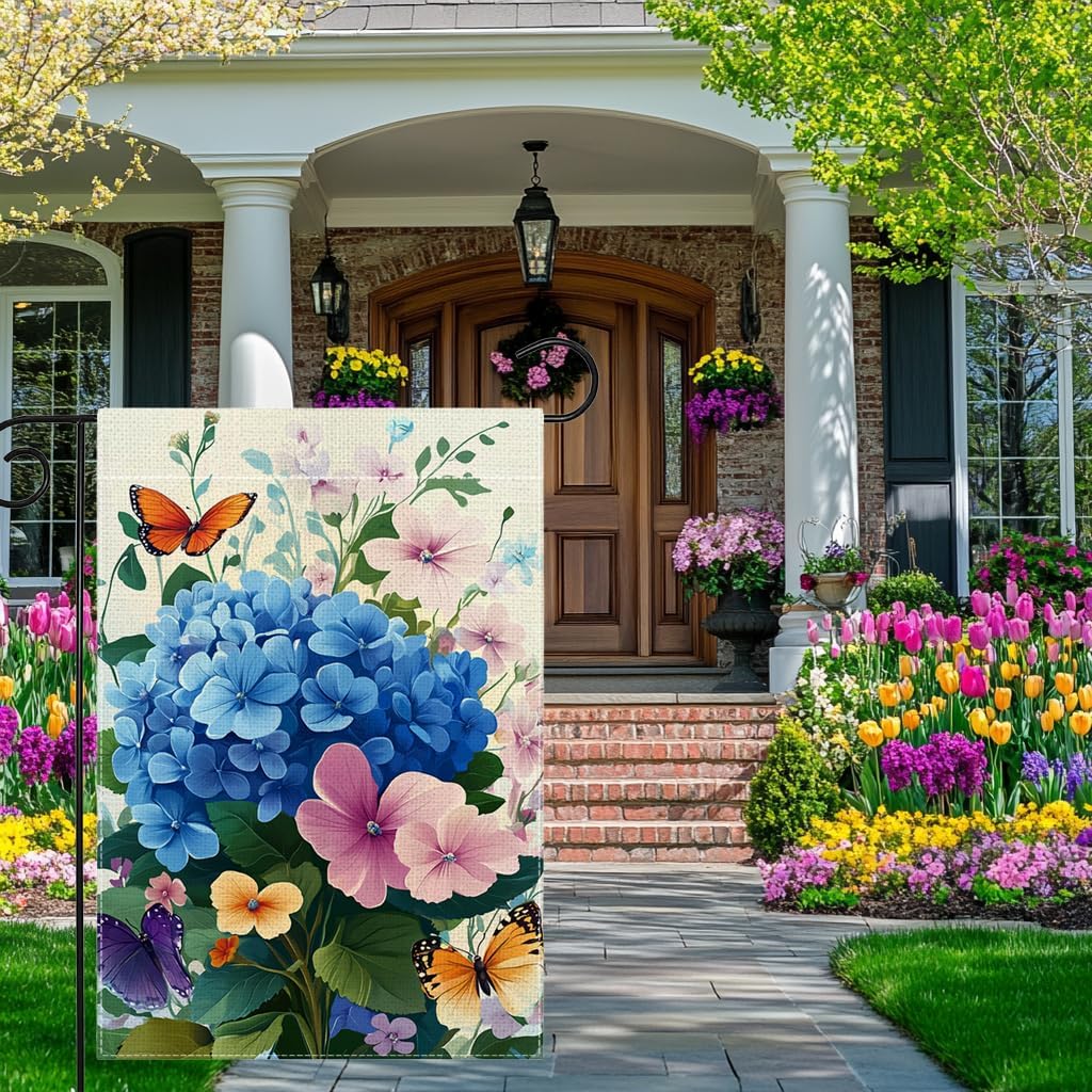 Spring Summer Hydrangea Flowers Garden Flag 12x18 Inch Double Sided Butterfly Colorful Floral Yard Outdoor Flag House Holiday Outside Decoration - Image 4