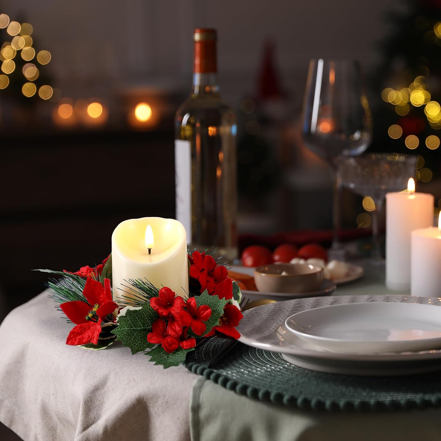 Suncalla 6 Pcs Christmas Candle Rings Artificial Red Poinsettia Candle Rings Christmas Table Centerpieces Decorations for Home Xmas Holiday Party Table Centerpiece