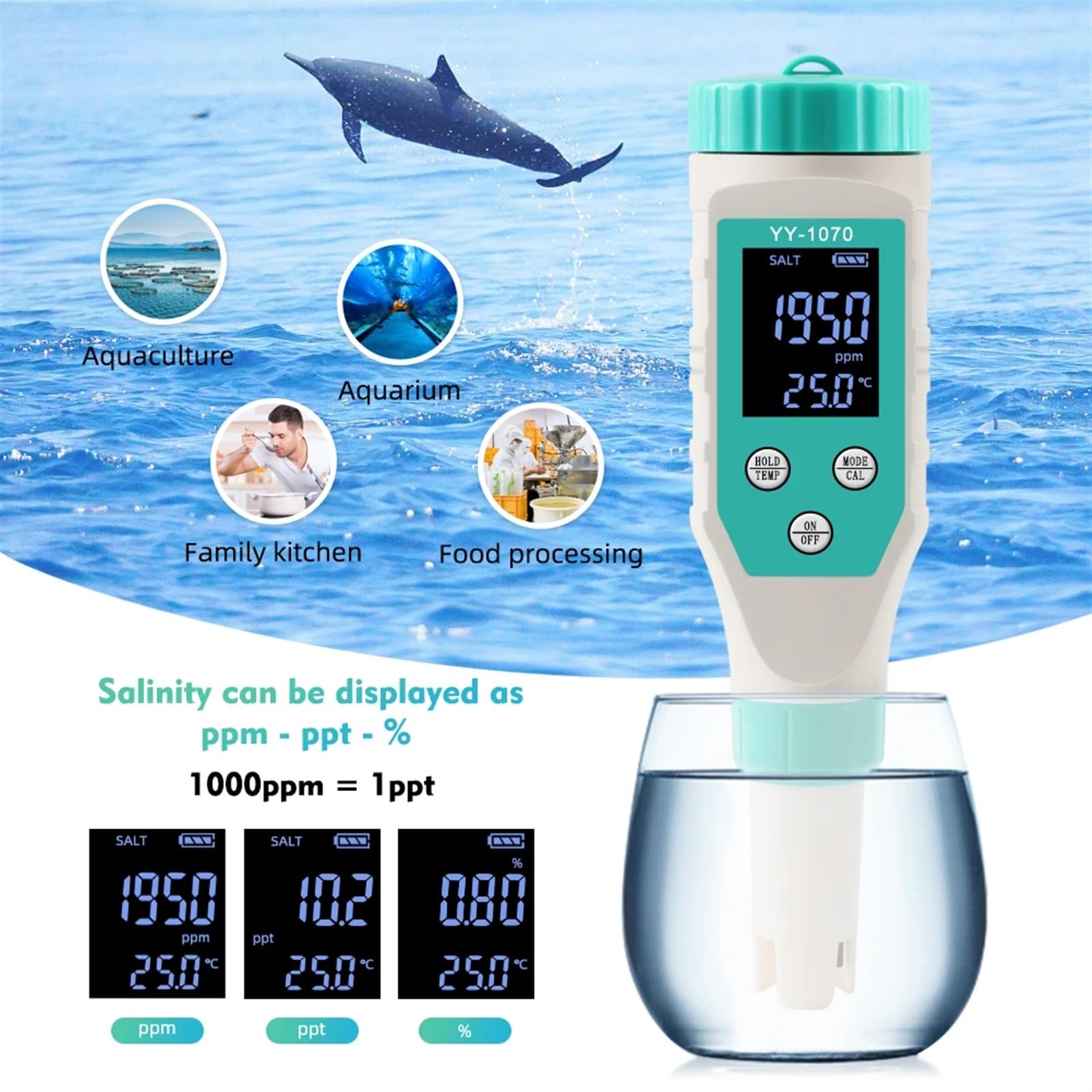 7 In 1 PH/Cloro Libero/ORP/EC/TDS/Sale/Temp PH Misuratore Piscina Salinità Tester IP67 Impermeabile for Acquario Acquacoltura Spa