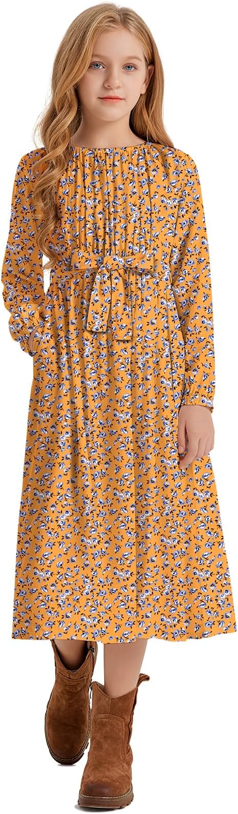 LaBeca Girls Casual Elastic Crew Neck Floral Printed Solid Color A-line Swing High Waist Midi Belted Dress with Pocket
