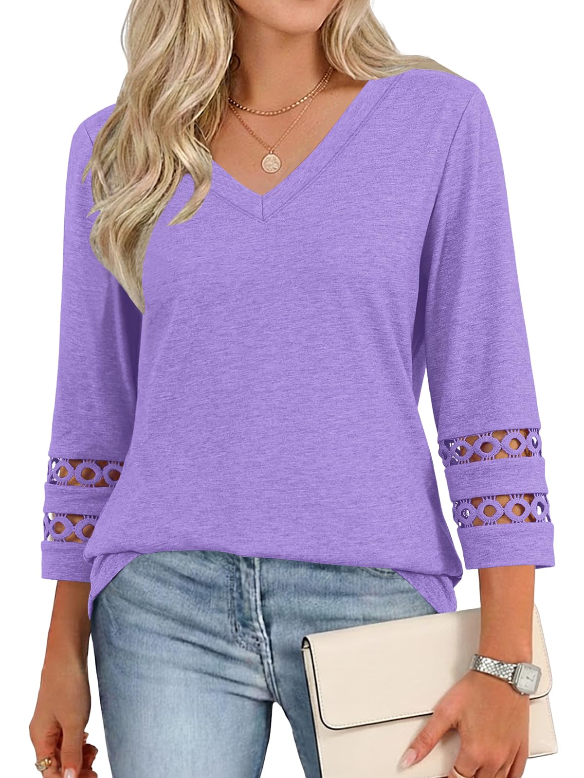 Cuptacc Bluse Damen V Ausschnitt Shirt Damen 3/4 Arm Elegant Oberteile Sommer Tunika Casual Basic Top