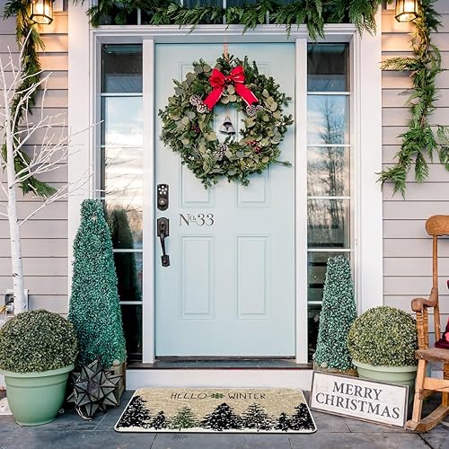 Miniatura 5 de Tapete de árbol negro de Navidad, tapete para puerta de invierno, bosque frío, copos de nieve, tapete delantero de bajo perfil, tapete de Navidad