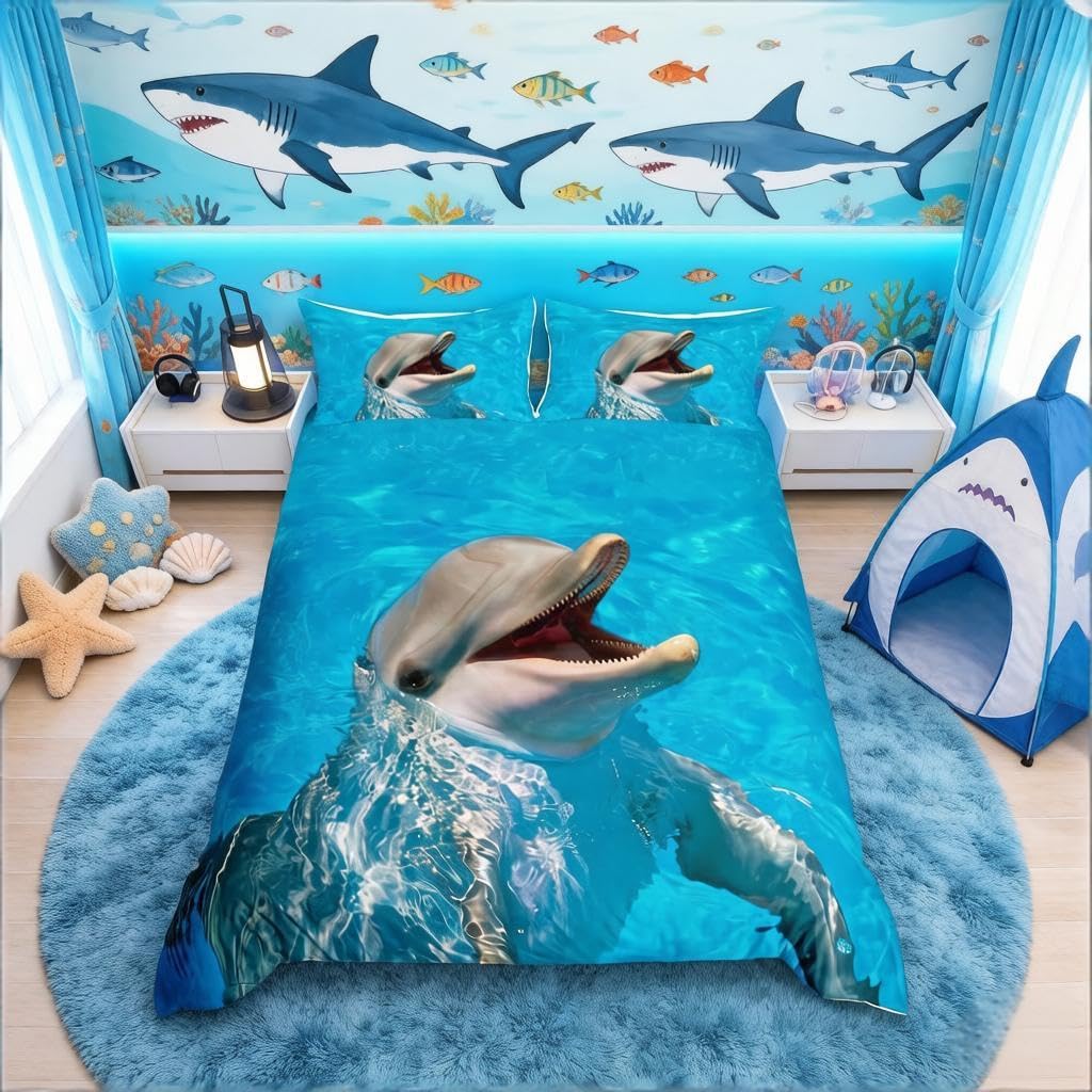 Loussiesd Kid Dolphin Bedding Set Cute Dolphin Duvet Cover Marine Life Comforter Cover for Children Boys Girls Sea Animal Blue Wave Decor Microfiber Bedspread Cover Room Decor Bedclothes King — image 1