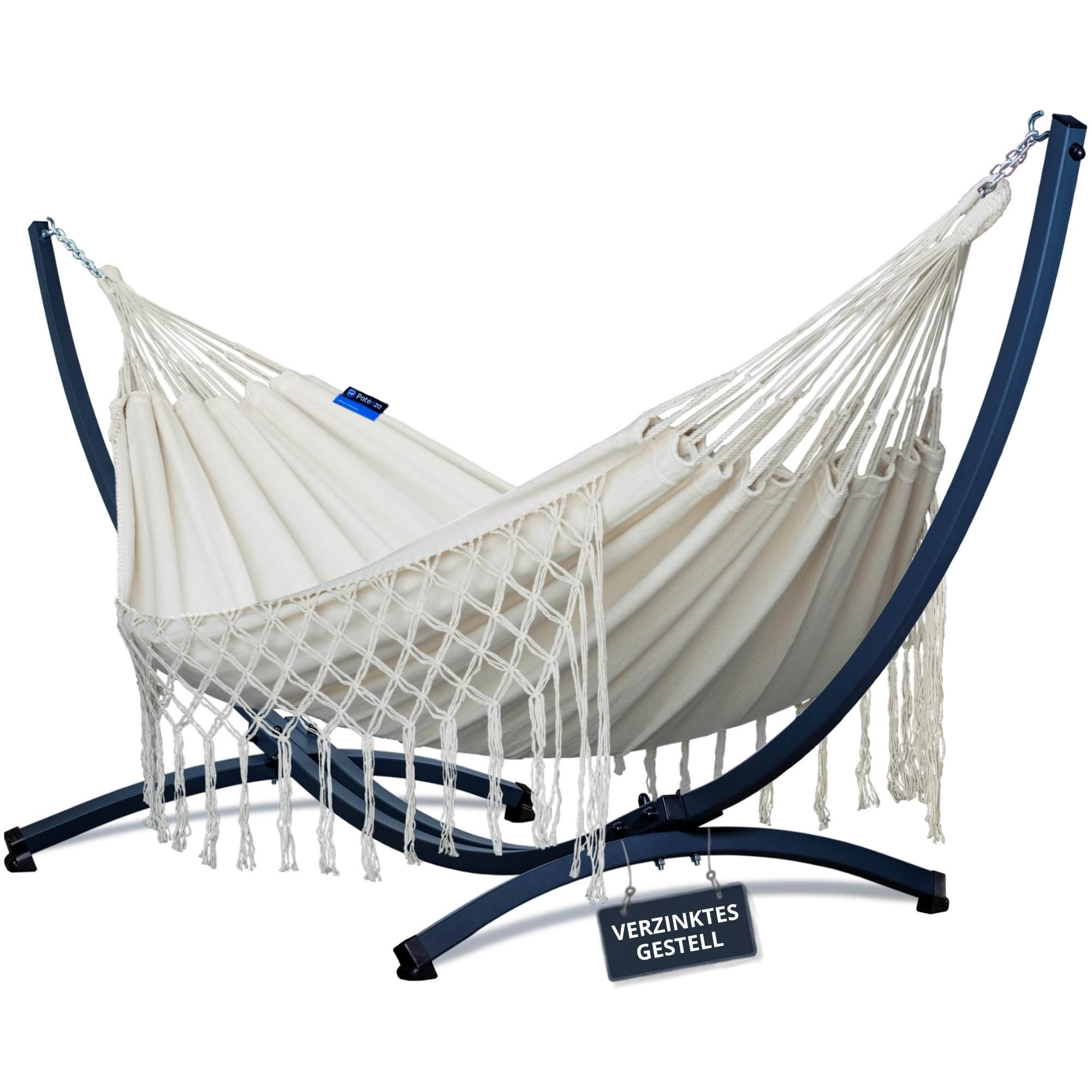 Potenza Hamaca para exteriores con estructura galvanizada para 2 personas, 100% algodón, 230 x 160, 200 kg, estructura de hamaca de 220 kg
