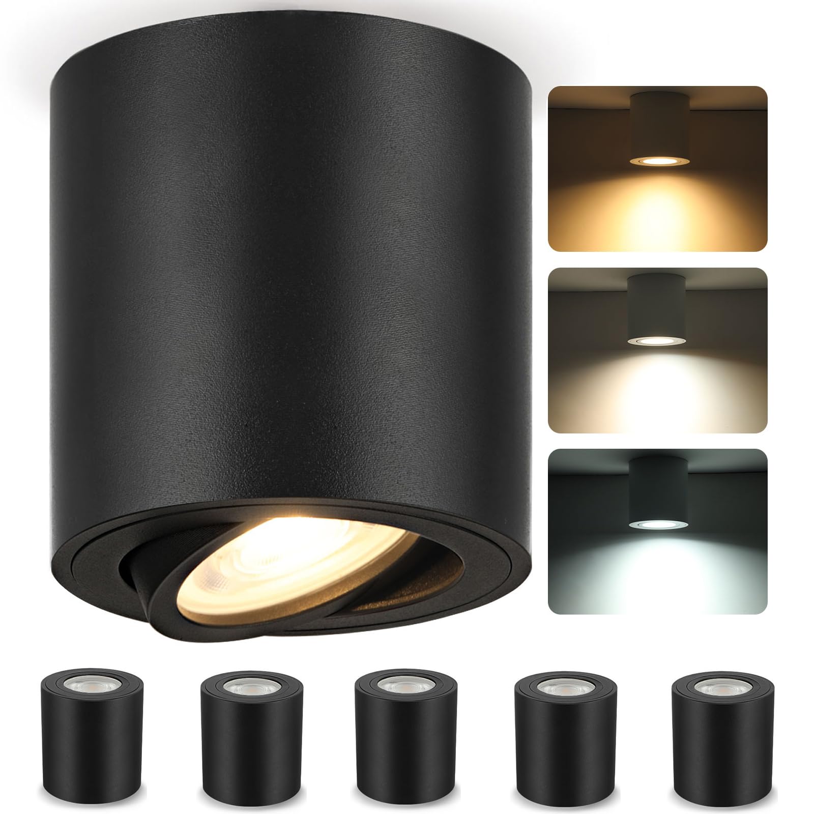6 Pezzi Faretti Neri Led Plafoniera da Soffitto Luce Cucina Corridoio Spotlight, 3 Tonalità a Scelta 3000K / 4000K / 6000K, Luci Per Corridoio Interno, Faretto Gu10 6.5W 230V 550LM, Interni Bagno