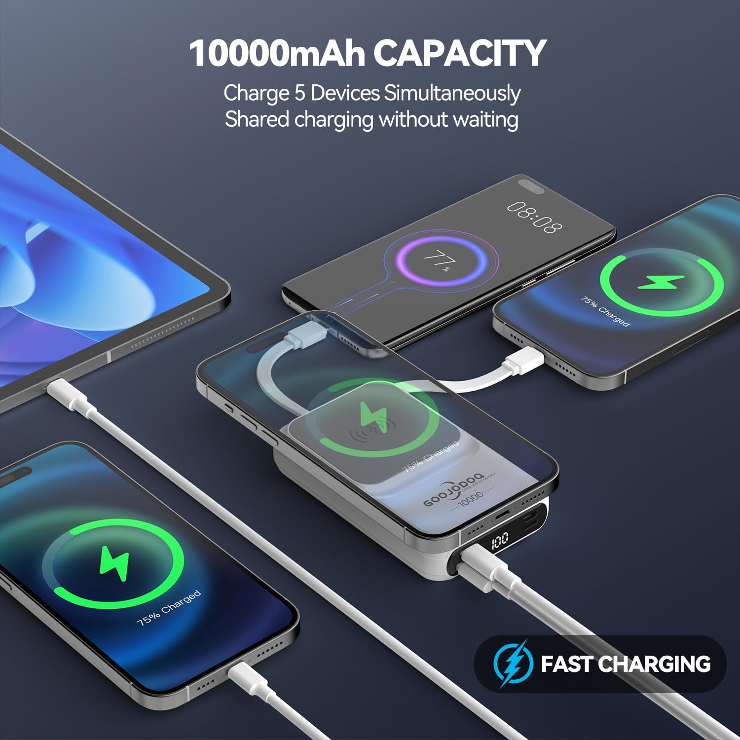 Image showing the power bank simultaneously charging multiple devices via wireless and wired connections.