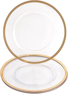 PARTY BARGAINS 13-Inch Charger Plates - 4 Pack, Clear Gold Rim, Heavy-Duty Disposable Chargers for Elegant Dining - Ideal for Weddings and Formal Events