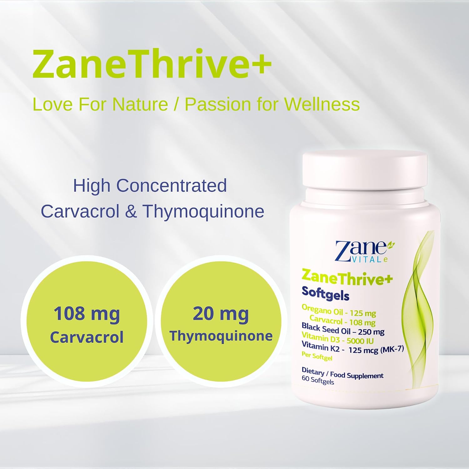ZaneThrive+ Vitamin D3 & K2, Oregano Oil, Black Seed Oil Supplement - High Potency - Immune & Bone Wellness - with Carvacrol & Thymoquinone - Non-GMO, Gluten-Free - 60 Softgels by Zane Vital.