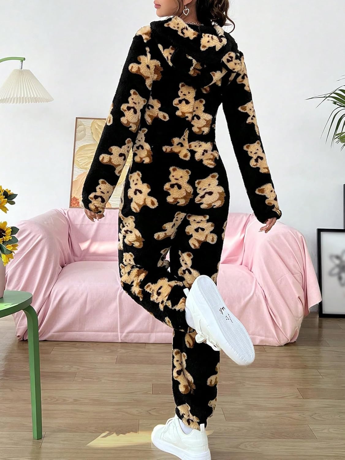 ZAFUL Women's Onesie Hooded Pajamas Fluffy Zipper Long Sleeve Fleece Jumpsuit Sleepwear - Image 3