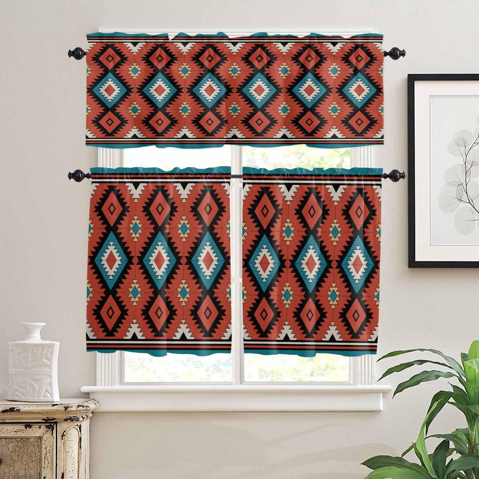 Aztec Southwest Kitchen Curtains 36 Inch Length, 3 Piece Rod Pocket Small Half Tiers and Valance Set, Red Black Geometric Classic Art Small Large Window Treatment Decor for Bedroom/Bathroom Sink