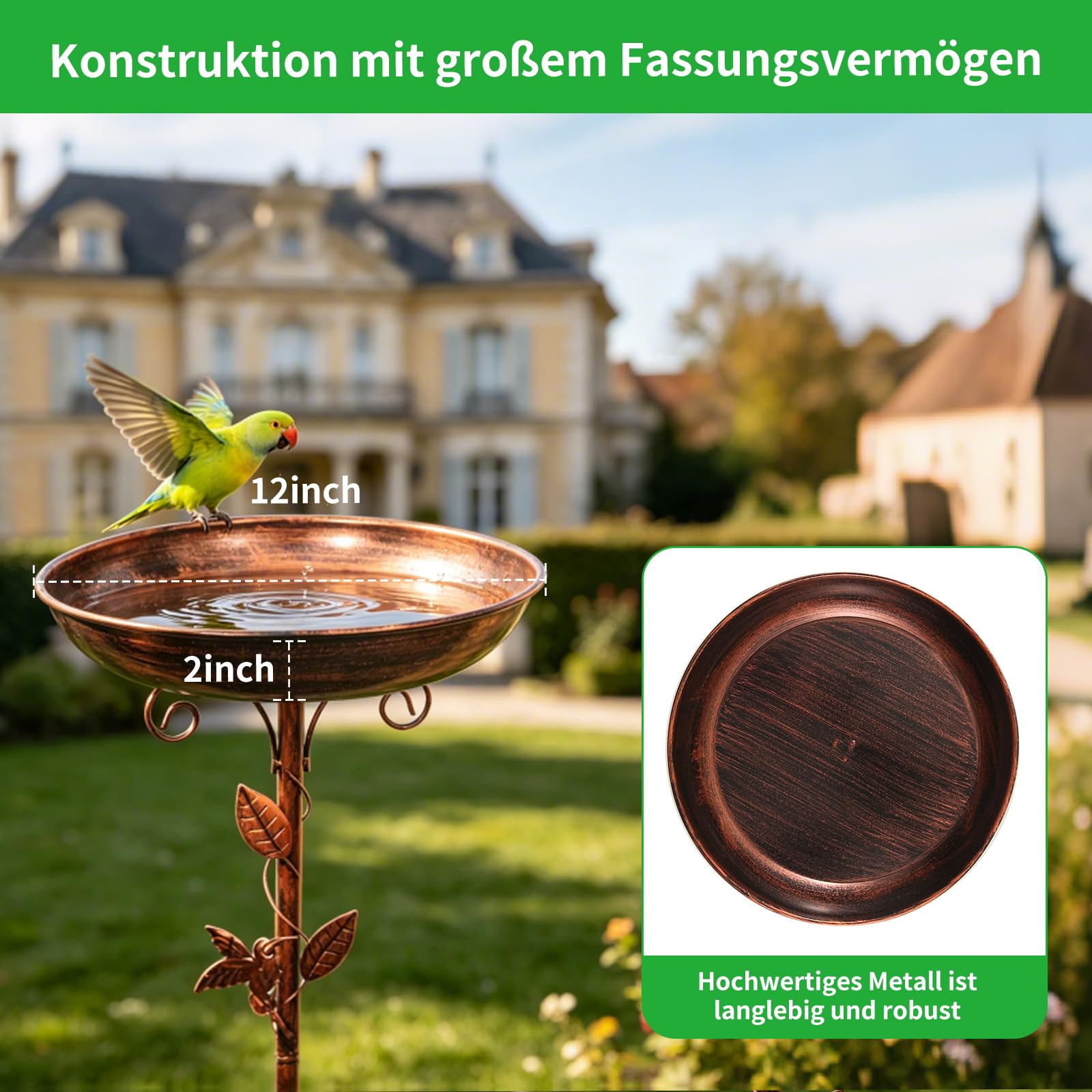 Vogeltränke Stehend, 100cm/39.5inch Vogelbad Garten, 3-in-1 vogeltränke metall mit Vogelrelief, für Draußen Garten Hof Rasen