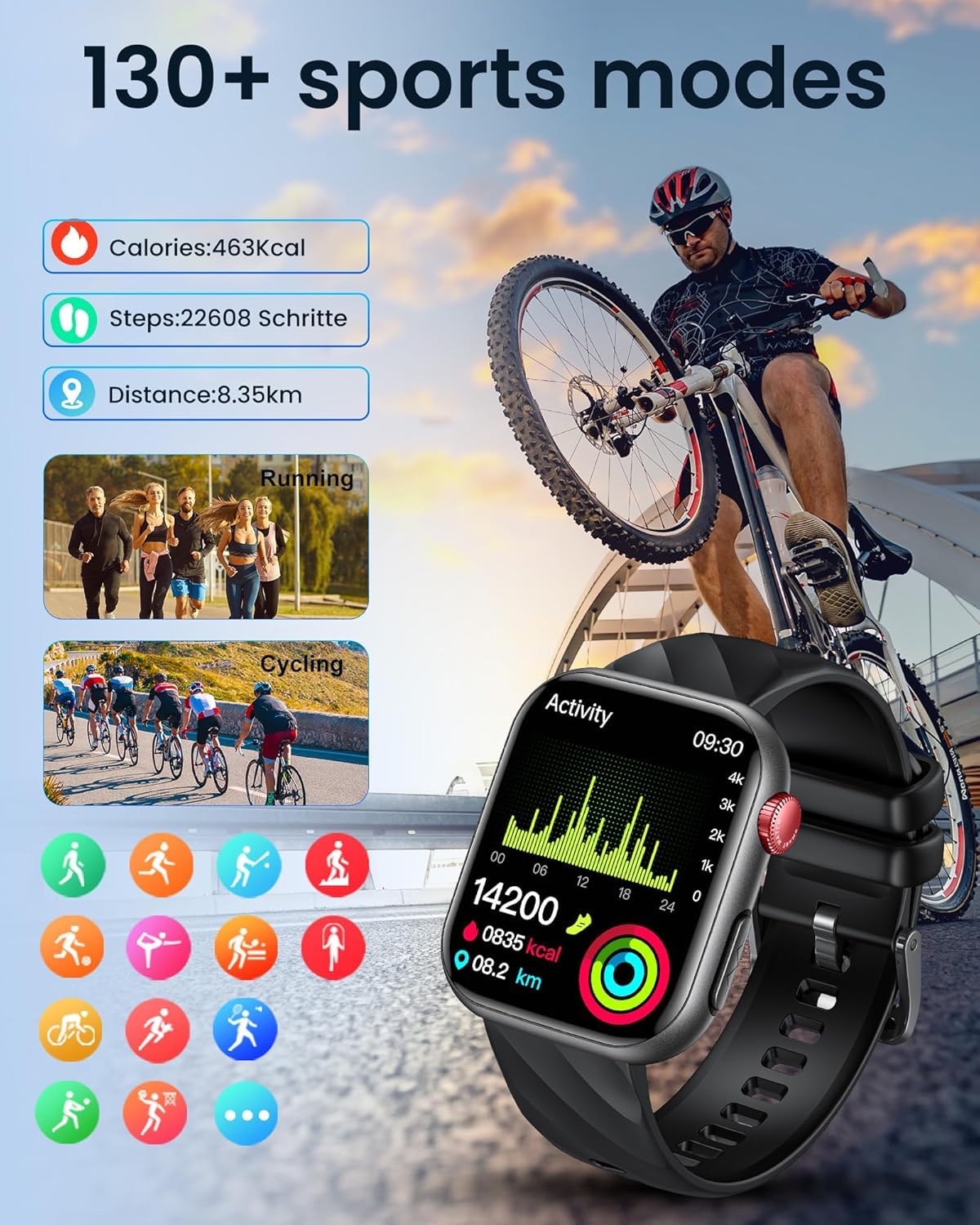 ECG Montre Connectée Smartwatch Santé: avec HRV IMC Appel Bluetooth 130+ Modes Sportif Sommeil Fréquence Cardiaque SPO2 Étanche Podomètre Fitness Tracker 1.97" Montre Sport Homme pour Android iOS