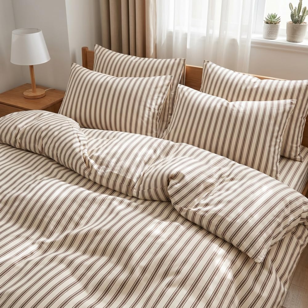 Freyamy Bettwäsche 135x200 2tlg Braun Doppelstreifen Beige Bettwäsche | Aesthetic Streifen Bettwäsche-Sets Microfaser ÖKO-TEX Deckenbezug 1 Bettbezug mit Reißverschluss und 1 Kissenbezug 80x80cm