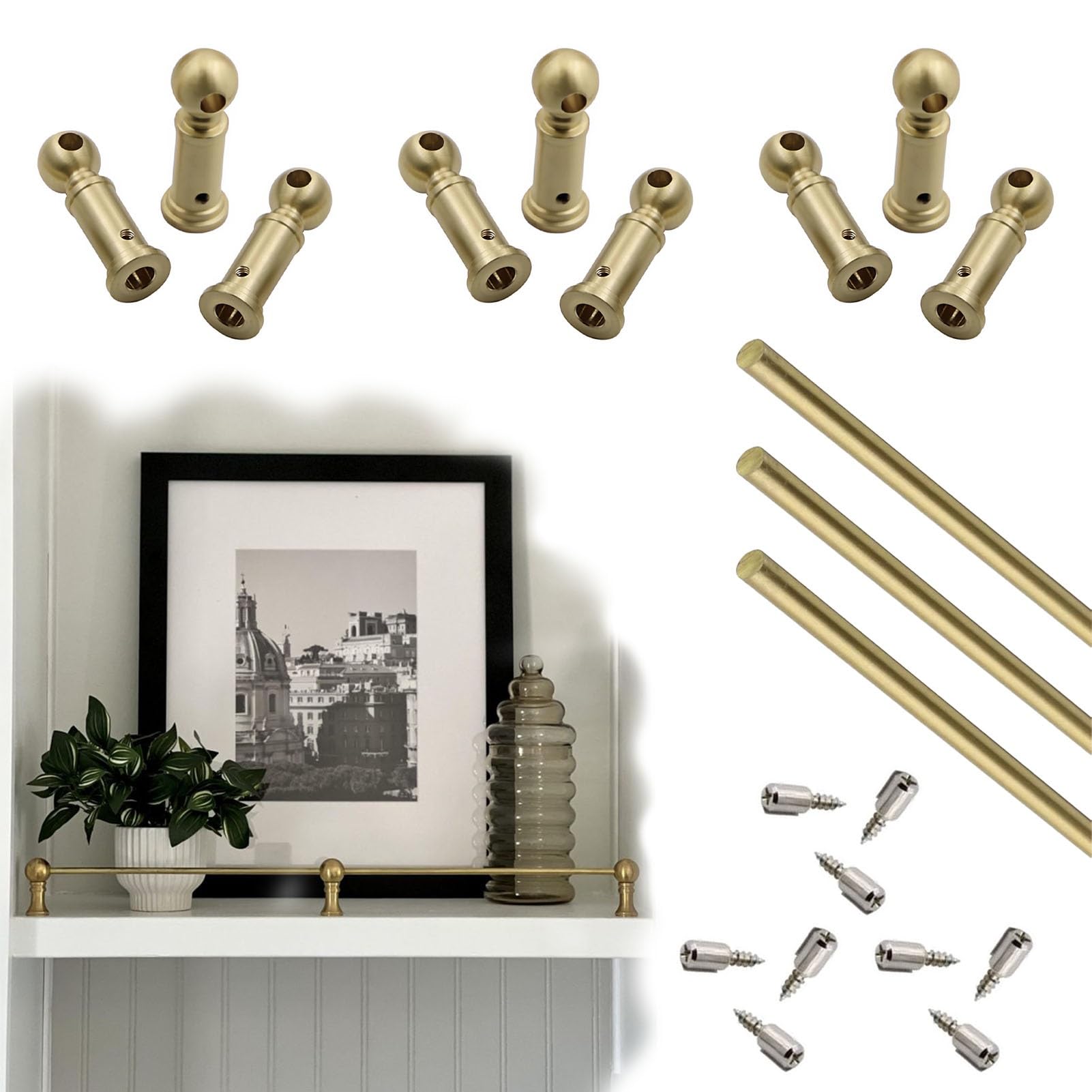 Generisch Regalgeländer-Set, 6 mm Starkes Messing, 3-teilig (51 cm), goldene Schutzleisten mit Pfosten und Schrauben, robuste Schranksicherung, ideal zum Verhindern von herabfallenden Gegenständen.