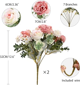 HNVNER 2 Bunches Artificial Roses Peonies Pink Artificial Flowers, Fake Peonies Faux Hydrangea Silk Flower Bouquet for Home Wedding Party Decoration Arrangement