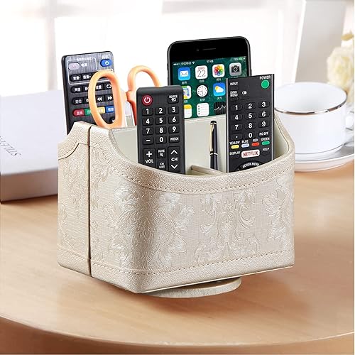 Miniatura 5 de PUSU Soporte de control remoto giratorio de 360, soporte remoto de TV de piel sintética para mesa, organizador de suministros de arte brillante y