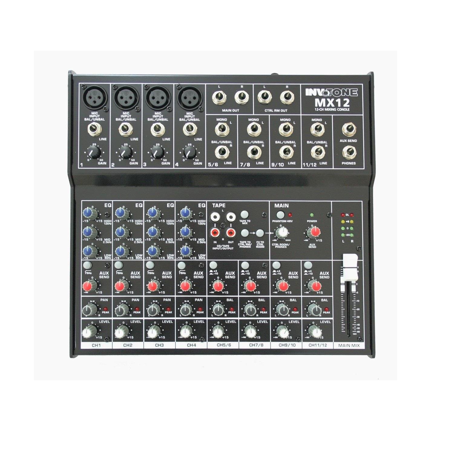MX12 PA-Studio Mischpult 12-Kanal Bühnen-Mixer Mischer (+48V Phantomspeisung für Kondensato
