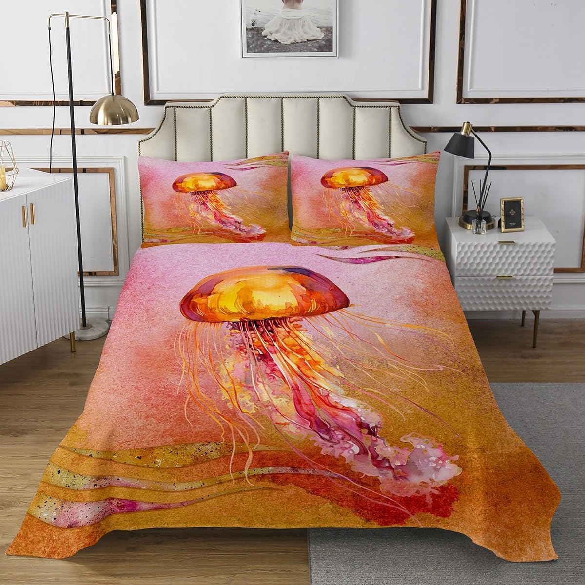 Jellyfish Bedspread King Size, Ombre Jellyfish Quilted, Coastal Marine Life Coverlet Set Ocean Theme Bedroom Decor, Watercolor Sea Animals Bedspread Quilt Set with 2 Pillow Shams, Yellow Orange