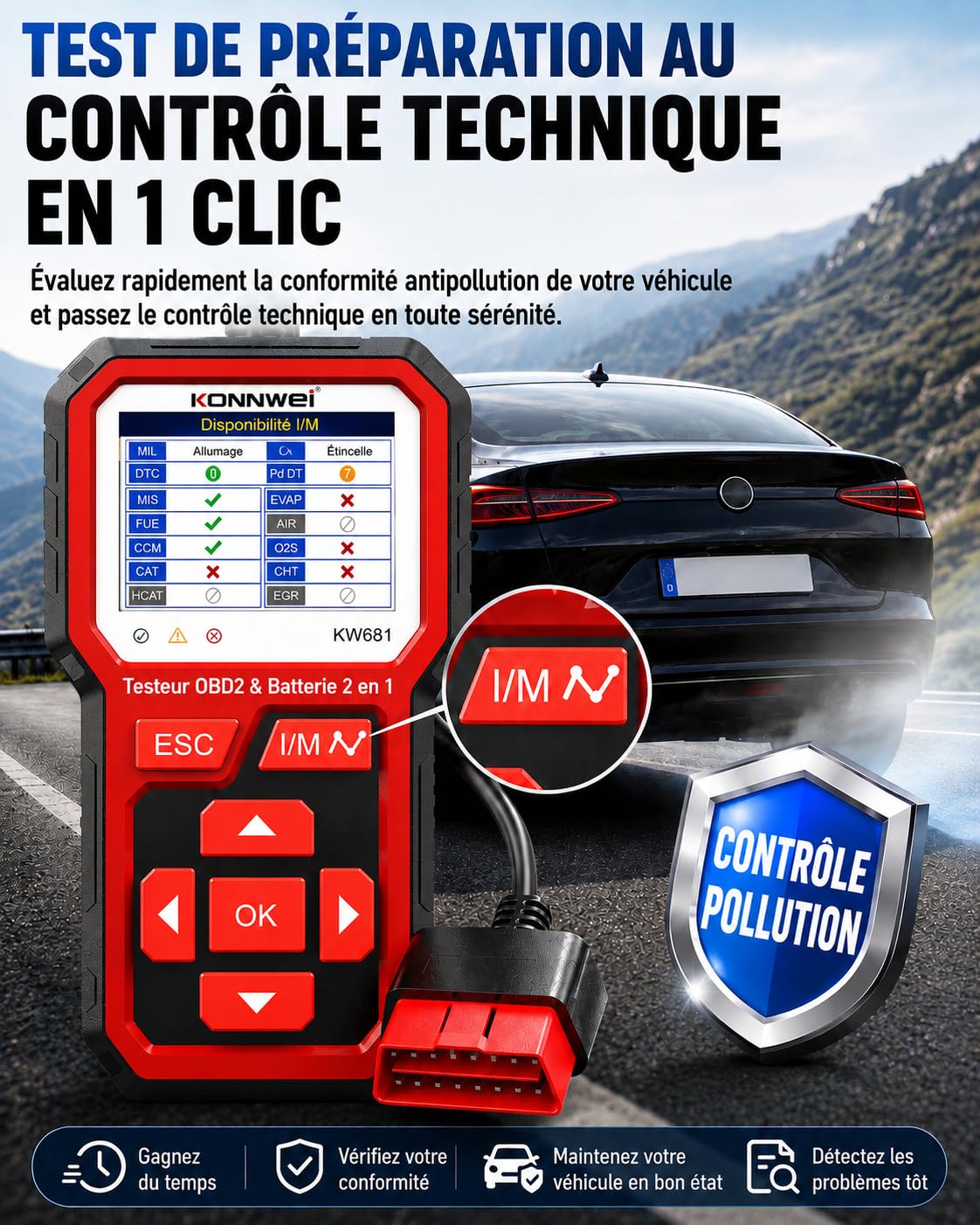 KONNWEI KW681 Valise Diagnostic Auto 2 en 1, Lecteur OBD2 Diagnostic Voiture avec Testeur de Batterie Voiture 6V/12V, Test Batterie CCA/SOH/SOC, Compatible Véhicules Essence