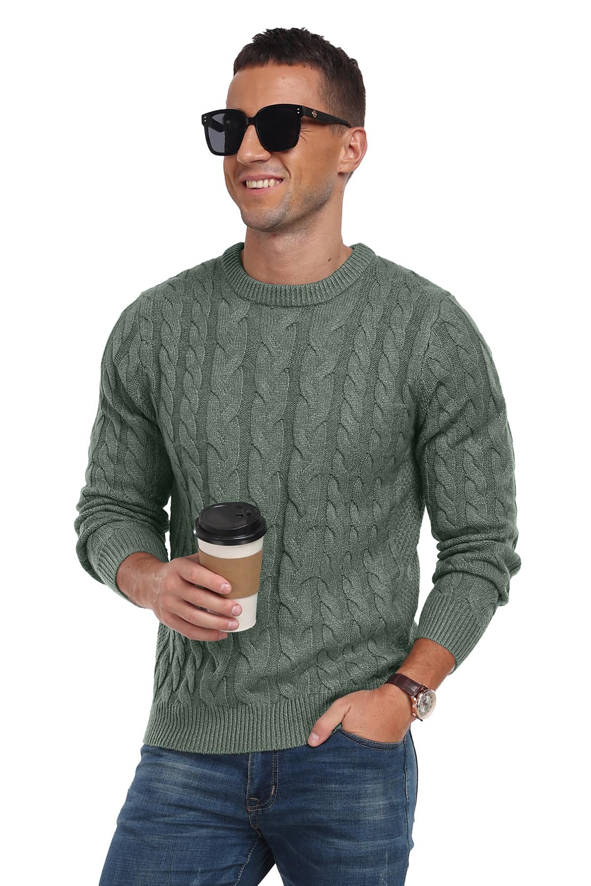 QIXING Maglione da uomo lavorato a maglia a trecce girocollo casual a maniche lunghe maglione lavorato a maglia grossa con bordo a costine