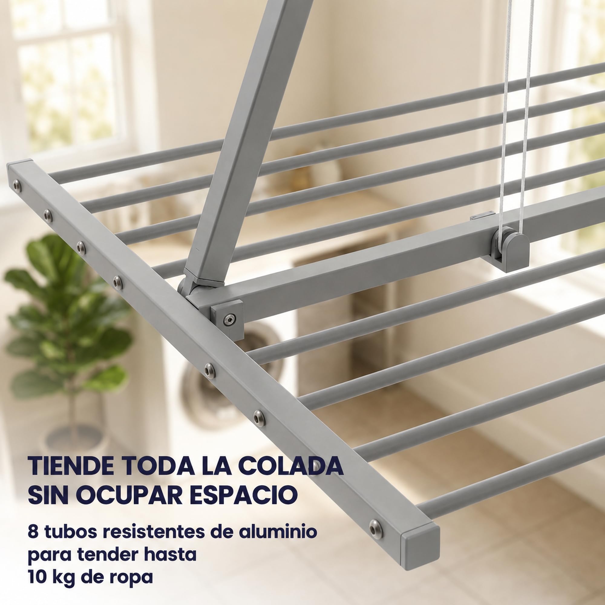 foxydry Mini, tendedero de Techo, Plegable, Sube y Baja, 152 cm | de aluminio y acero inoxidable, ahorra espacio, uso interior y exterior, antióxido, elevación vertical, soporta 10 kg, gris