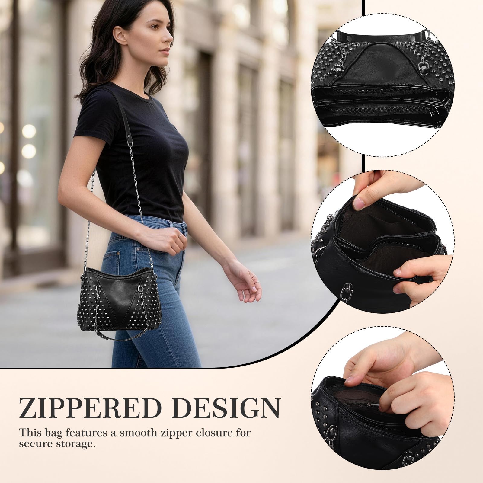 Bolso Bandolera Mujer PU Negro Remaches y Cadena, Mano