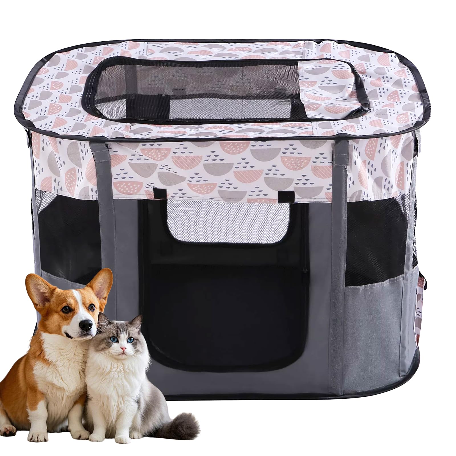 PRITOK Foldable Pet Playpen: Portable Dog Cat Playpen, 600D Oxford Indoor/Outdoor Pet Tent with Carry Bag​, Breathable Mesh for Indoor Outdoor Puppy Rabbits Hamster Small Animals (GREY)