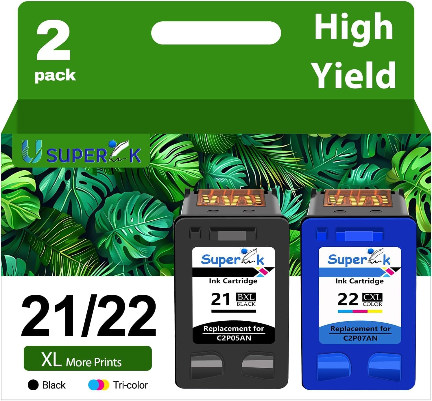 SuperInk Remanufactured Ink Cartridge Replacement for HP C9351A C9352CE 21 22 21XL 22XL (Black Tri-Color, 2-Pack)