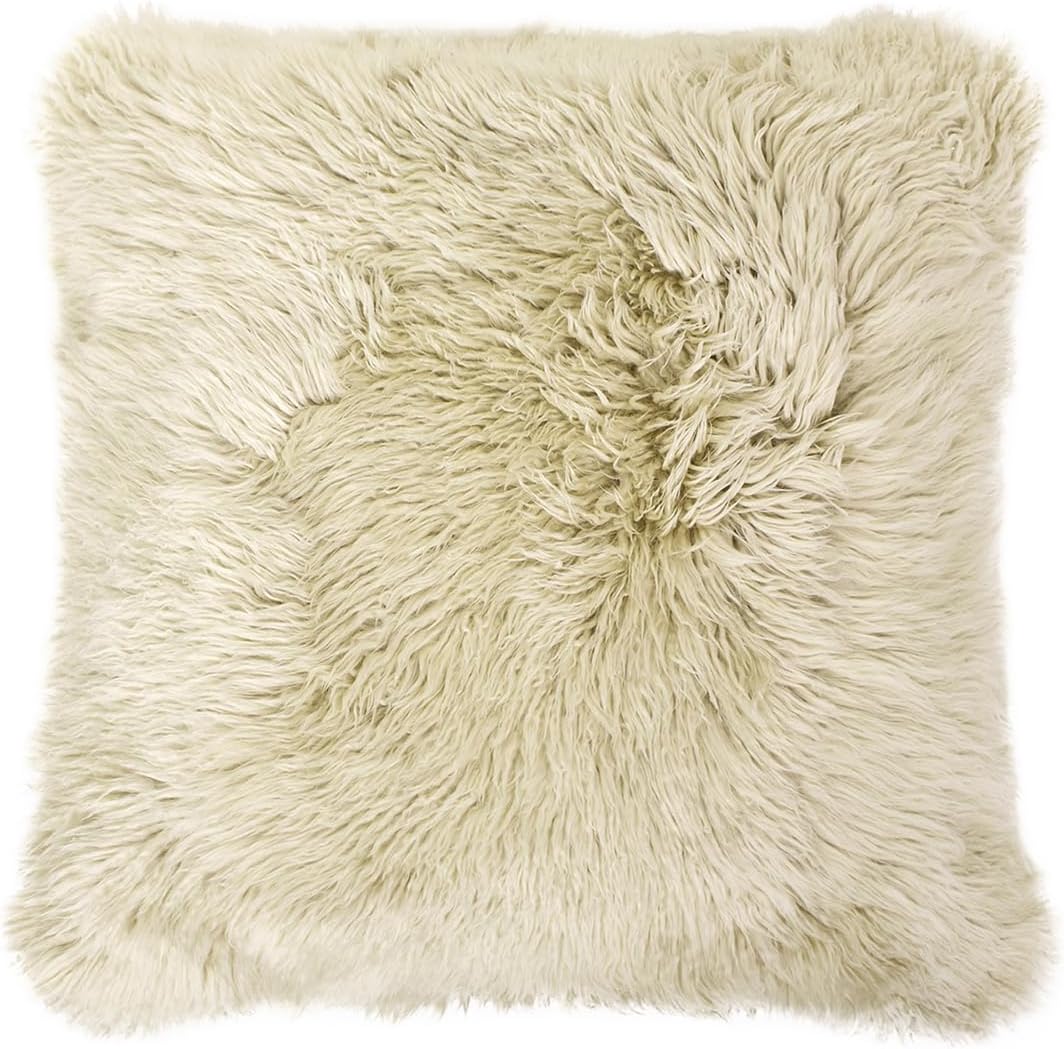 Jennifer Taylor Home Astrid 20" Square Accent Throw Pillow Cover with Feather Insert, Taupe Beige Genuine Fur