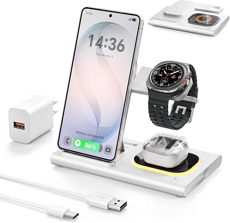 3 in 1 Charging Station for Samsung Charger, Foldable & Night Lamp | Wireless Charger for Samsung S26/Galaxy Watch Ultra/8/7/Galaxy Buds4,Tidy Desktop,Rotatable Watch Part,Not for Watch 9/Ultra2