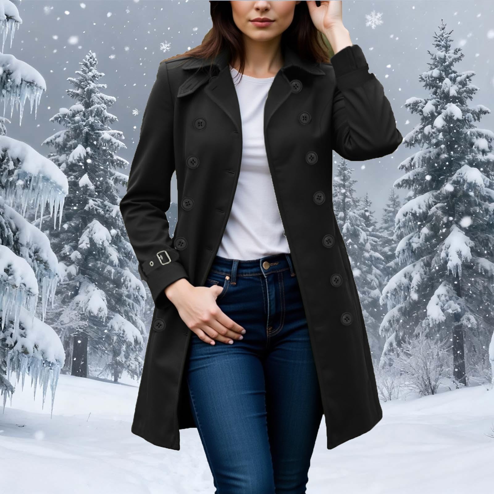 Trenchcoat Damen Lange Warme Wolle Zweireihig Mantel Elegant Winterjacke