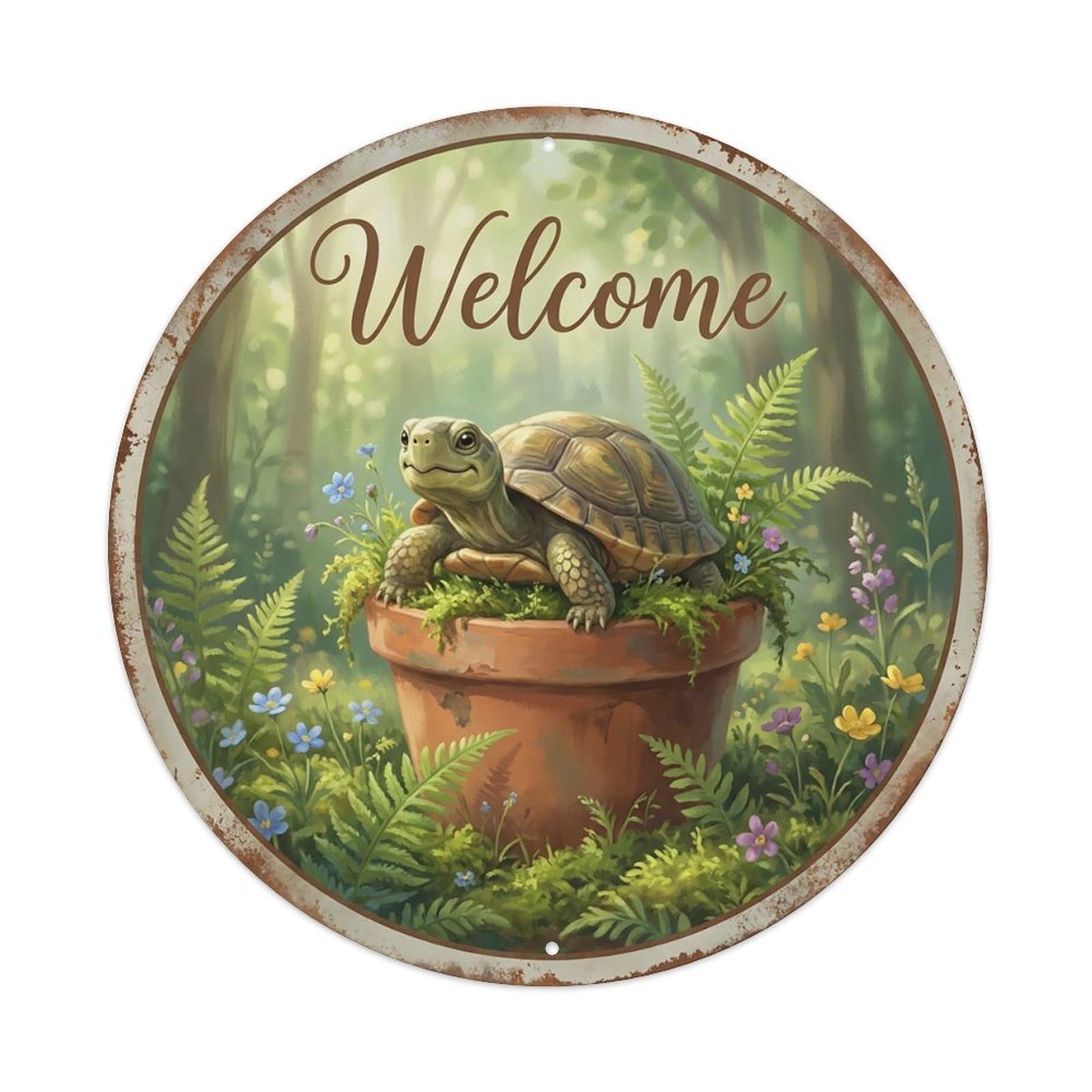 Vintage Welcome Turtle Garden Moss Vintage Metal Tin Sign Plaque Wall Decor for Cafe, Club Bar, Office, Garden Metal Poster 8x8Inch